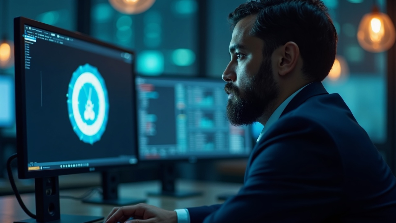 Analyst in suit oversees Kraken logo on screen beside a Fedwire interface, guiding fiat settlement workflow.