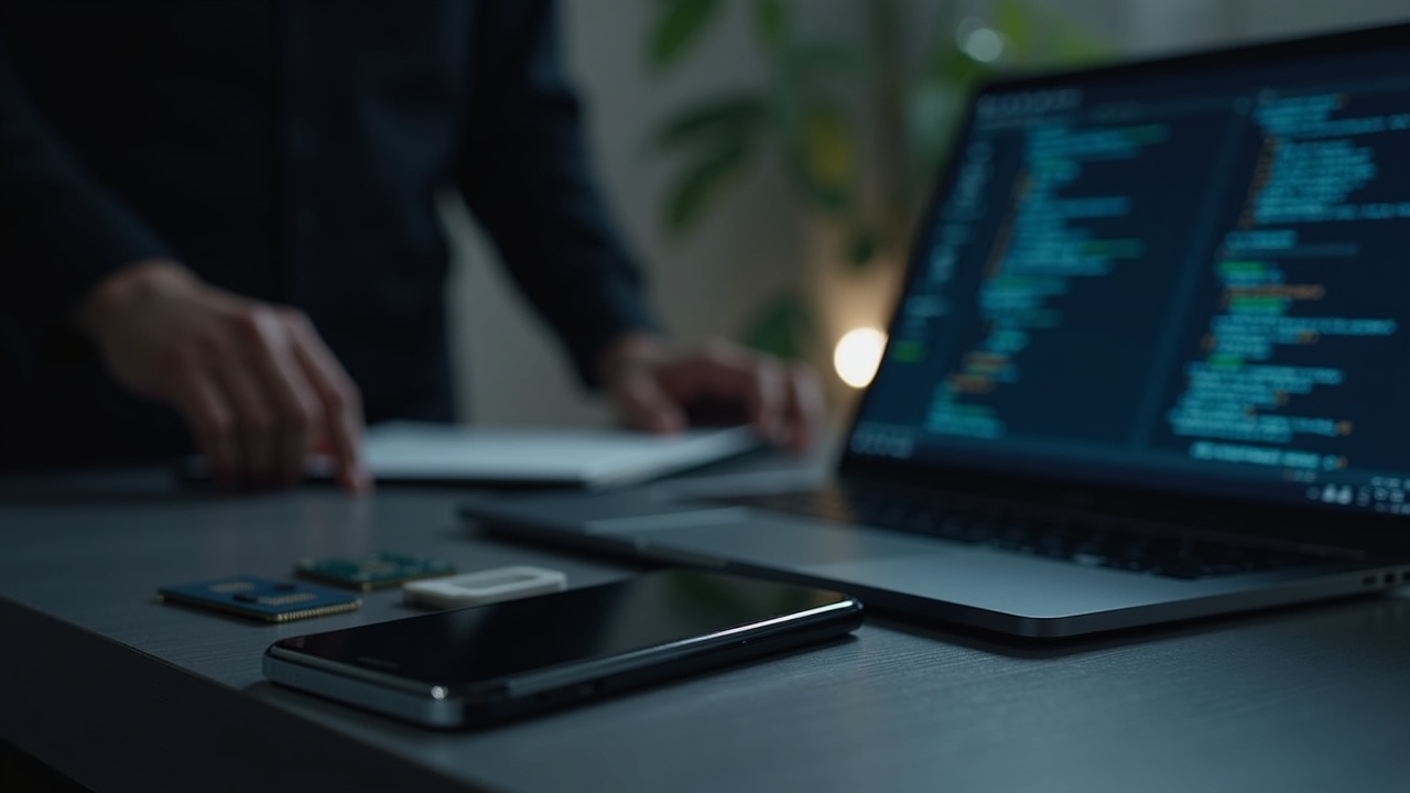 Security researcher examines a smartphone and MediaTek Dimensity processor, laptop shows code, amid seed theft concerns.