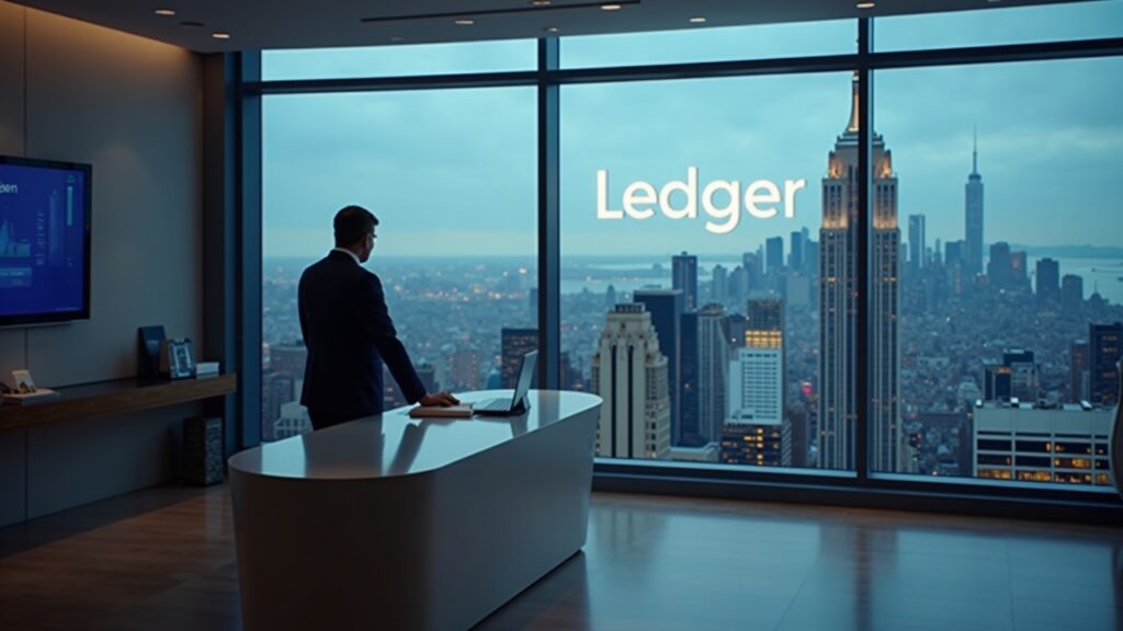 Suited executive at a Ledger-branded desk in a New York office, with skyline background.