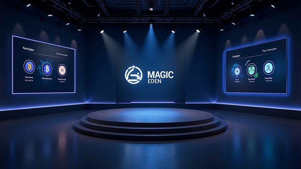 Newsroom scene showing Magic Eden logo; left side fades EVM and Bitcoin NFT icons, right side highlights Solana and Dicey icons.