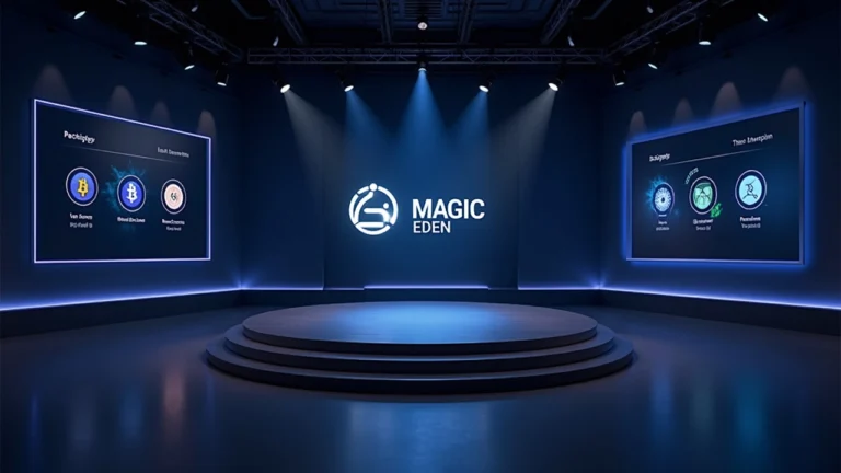 Newsroom scene showing Magic Eden logo; left side fades EVM and Bitcoin NFT icons, right side highlights Solana and Dicey icons.