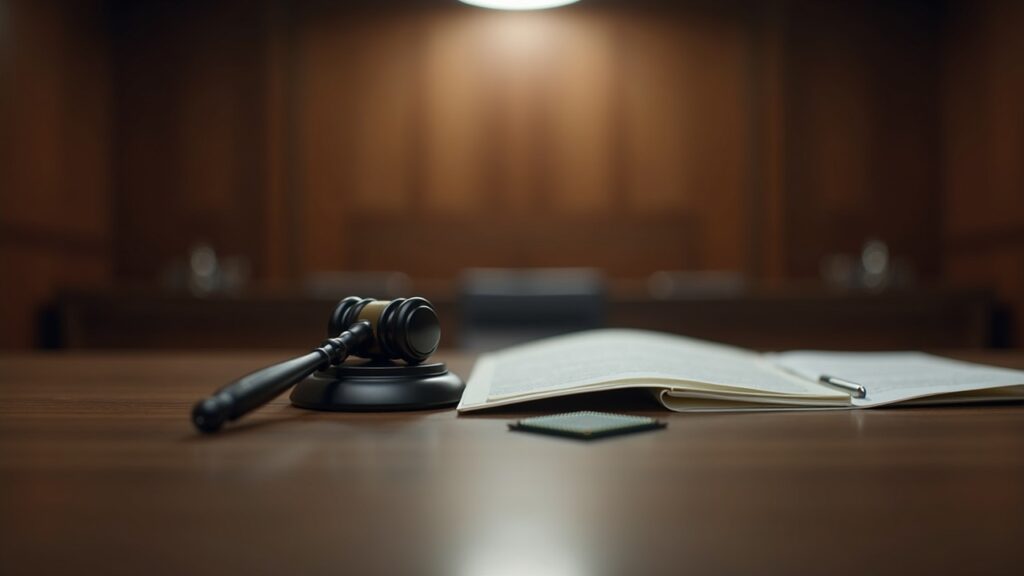 Courtroom scene with Nvidia GPUs, a legal filing and scales of justice under soft newsroom lighting.