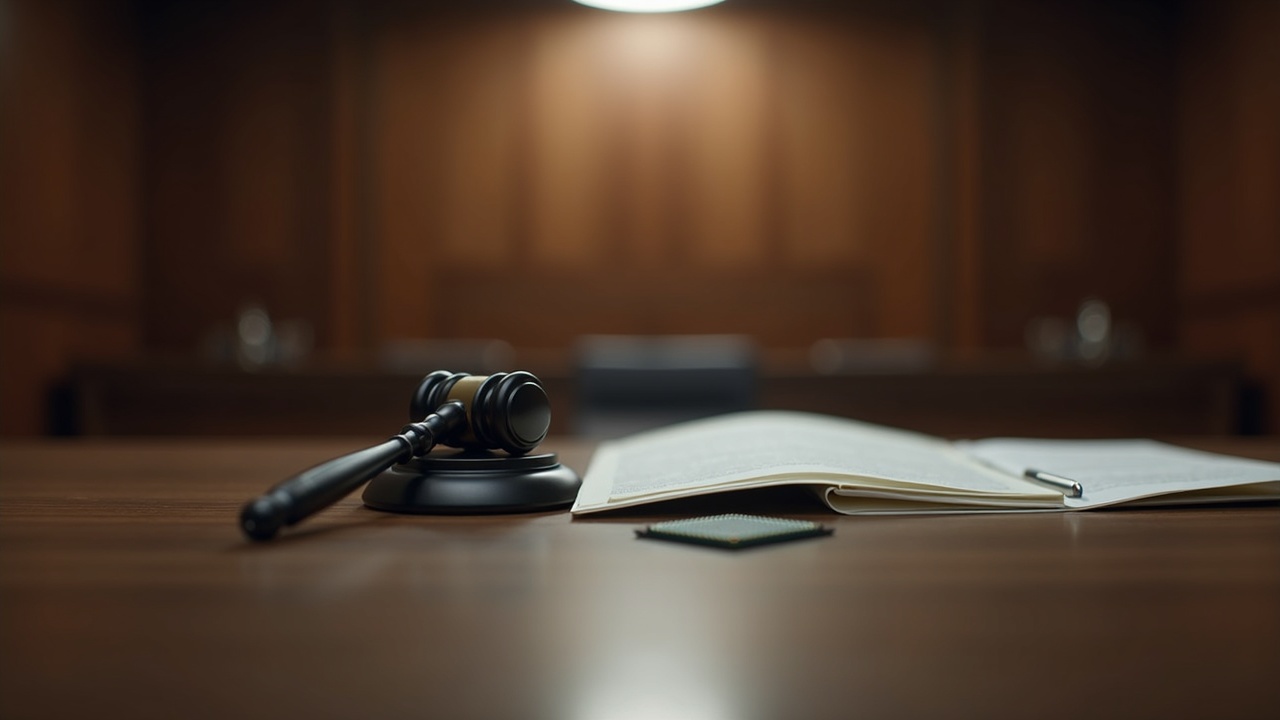 Courtroom scene with Nvidia GPUs, a legal filing and scales of justice under soft newsroom lighting.