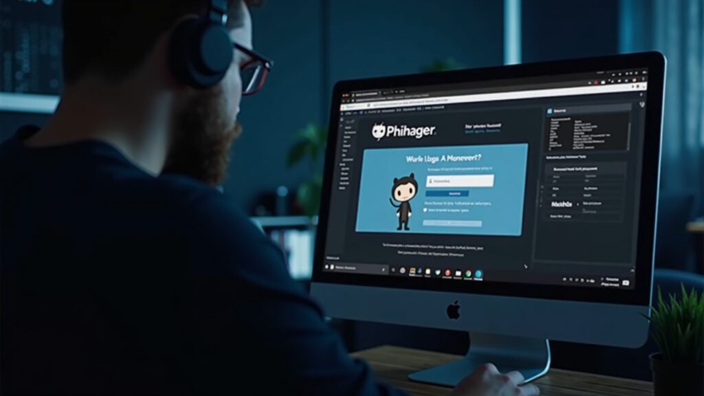 Developer at desk with a GitHub phishing alert and a fake clone site prompting wallet connect.