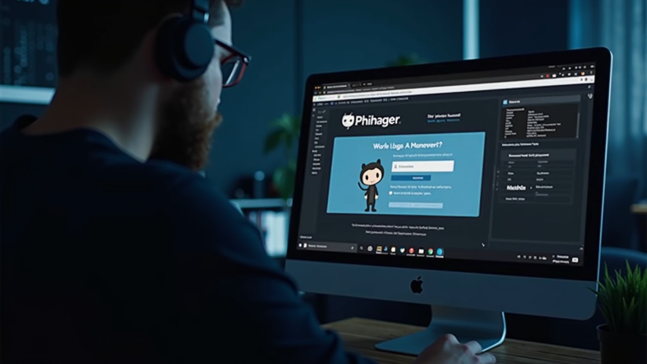 Developer at desk with a GitHub phishing alert and a fake clone site prompting wallet connect.