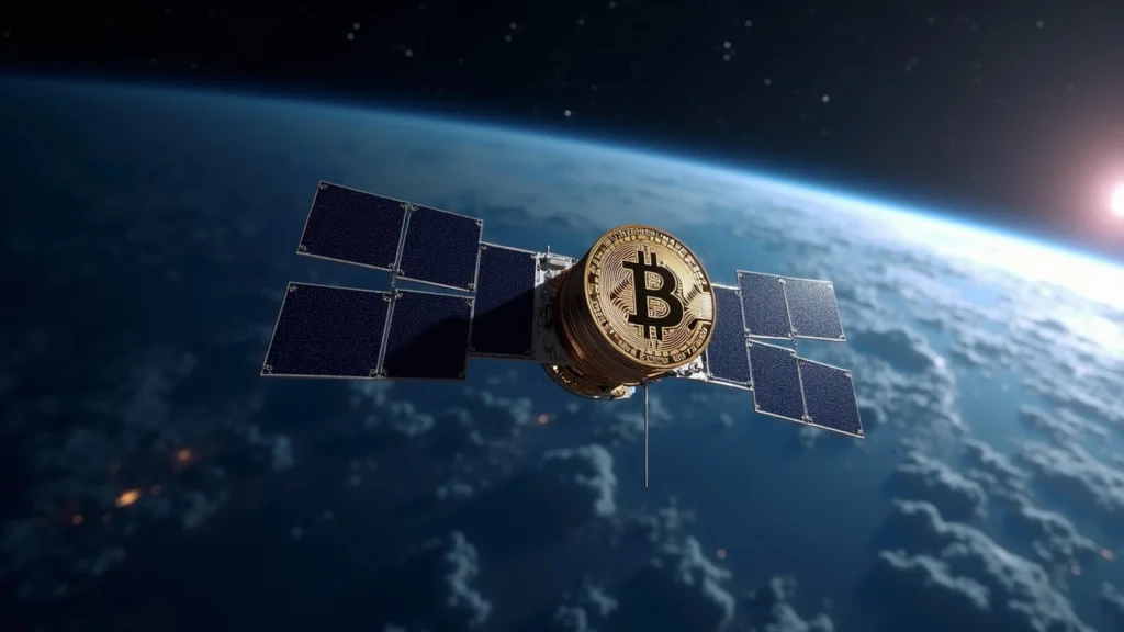 Bitcoin mining satellite in low-Earth orbit with Earth in the background, showing solar panels and hardware.