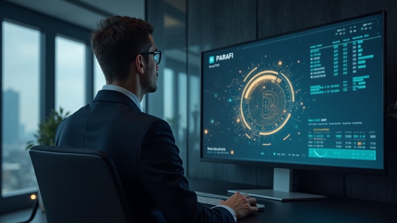 Editorial portrait of a suited finance executive in an office, with a screen showing ParaFi and blockchain nodes.