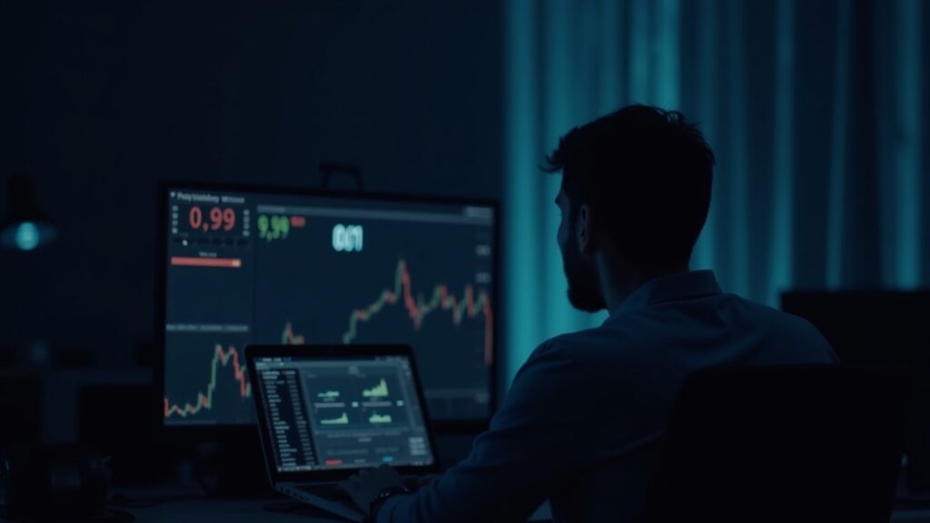 Polymarket trading screen shows 0.99 and 0.01 as a trader works on a laptop in a dim arena backdrop