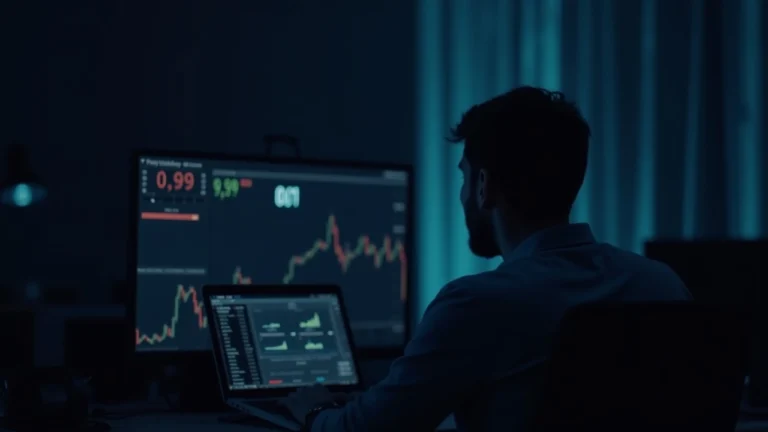 Polymarket trading screen shows 0.99 and 0.01 as a trader works on a laptop in a dim arena backdrop