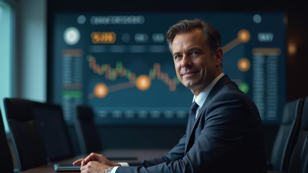Editorial portrait of a corporate executive in a modern boardroom, with a screen showing Bitcoin and a NAV discount chart.