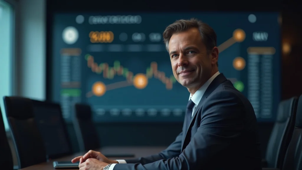 Editorial portrait of a corporate executive in a modern boardroom, with a screen showing Bitcoin and a NAV discount chart.