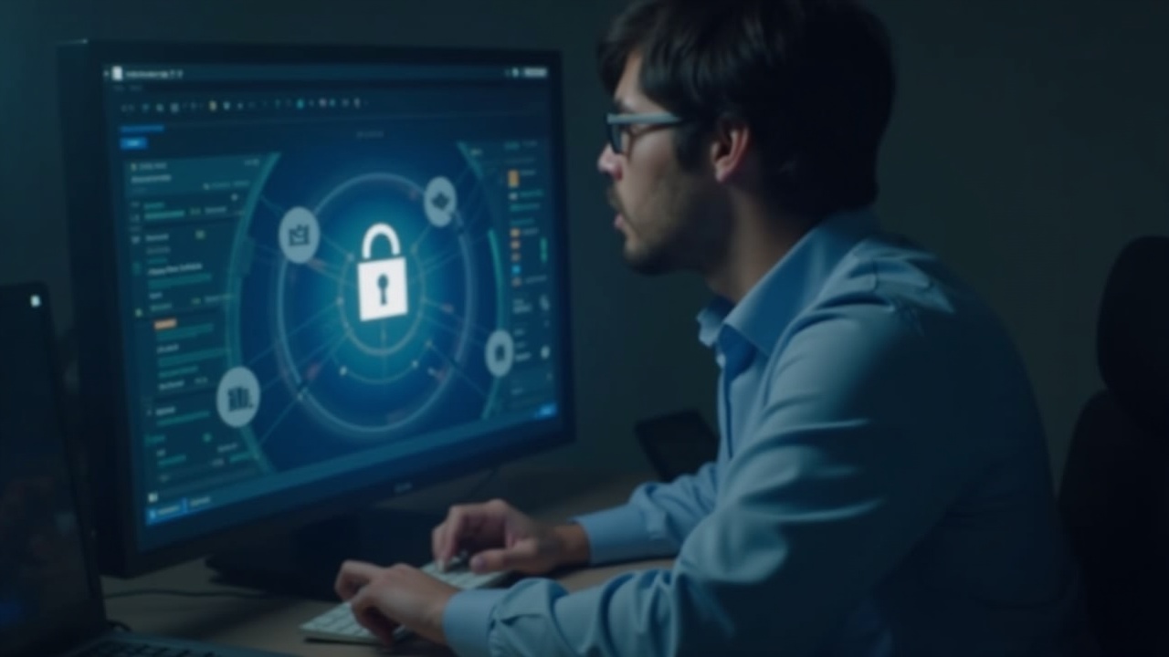 Editorial photo of a researcher at a desk; monitor shows a blockchain key icon with a subtle quantum motif.