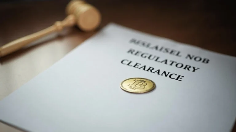 Courtroom document on desk with BitClout token symbol, neutral lighting, signifying dismissal with prejudice.