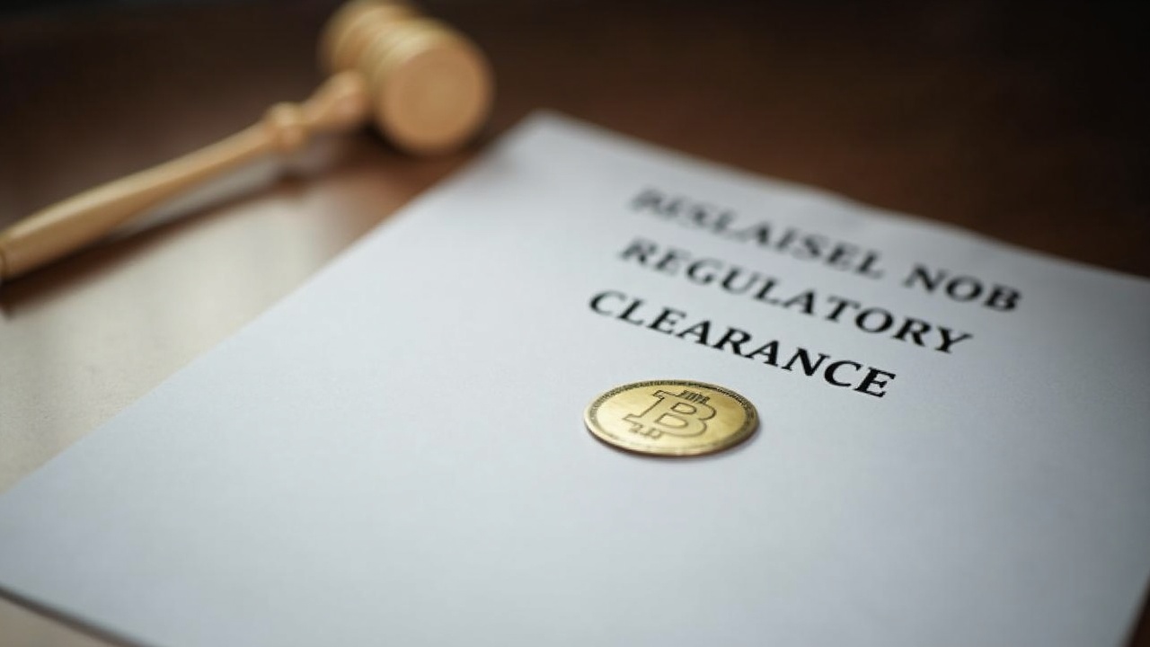 Courtroom document on desk with BitClout token symbol, neutral lighting, signifying dismissal with prejudice.