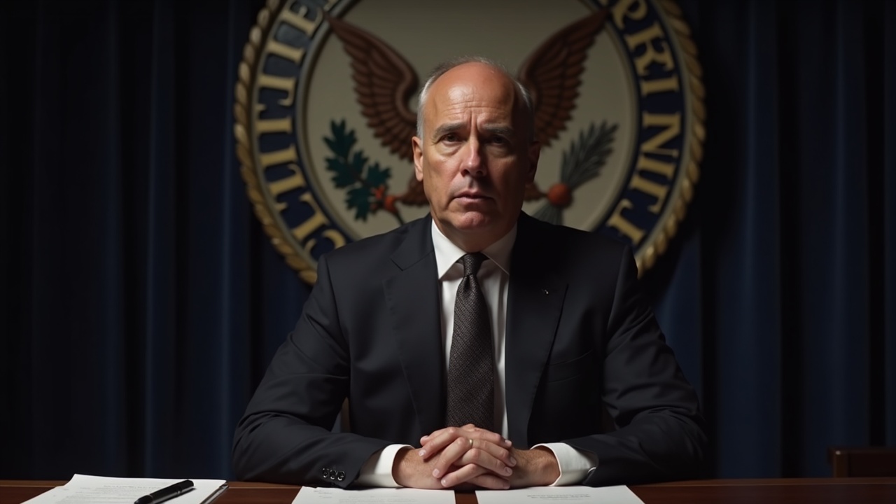 Editorial portrait of a solemn executive at a podium with a SEC seal backdrop, legal documents on the desk.