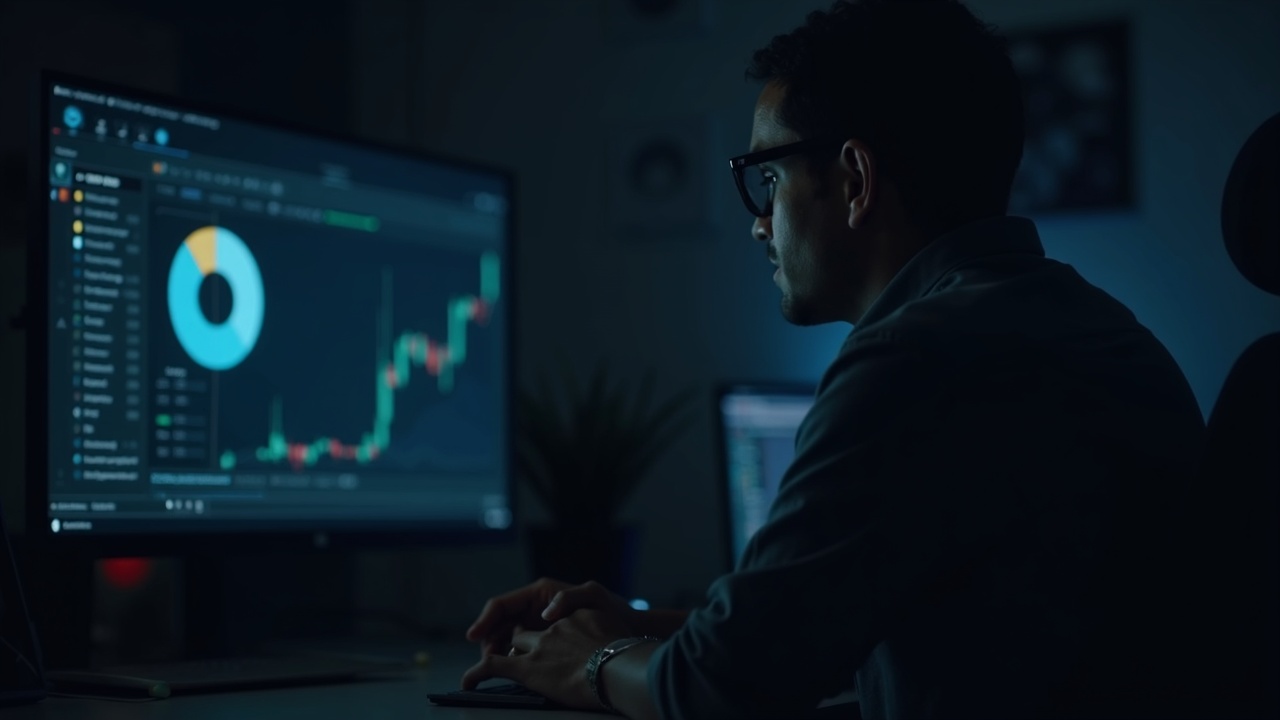 Editorial portrait of a financial analyst at a desk with a monitor showing Circle USDC and AI-driven microtransactions.