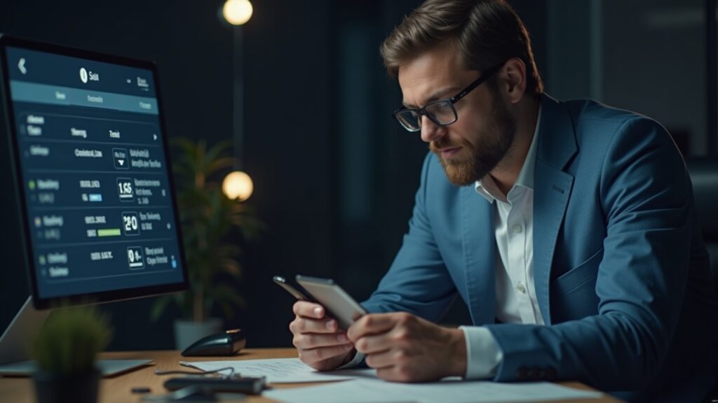 Professional trader examining a hardware wallet and seed phrase card with a Sui wallet on screen.
