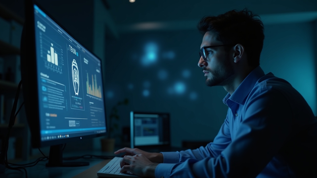 Analyst at newsroom desk reviews monitor showing TRON DAO AI fund 1B, symbolizing infrastructure-backed agentic economy.