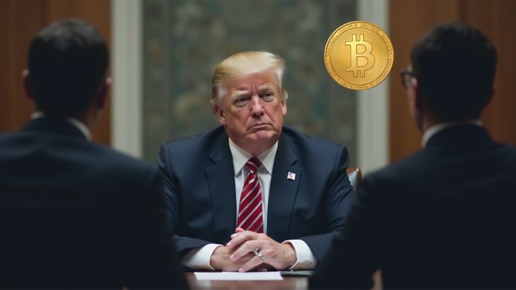 Editorial image: stern leader in a suit at a conference table with bank silhouettes and a floating stablecoin icon.
