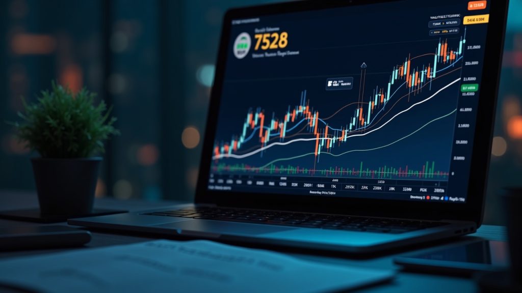 Editorial newsroom scene with Bitcoin ETF dashboard near 75k, illustrating institutional inflows