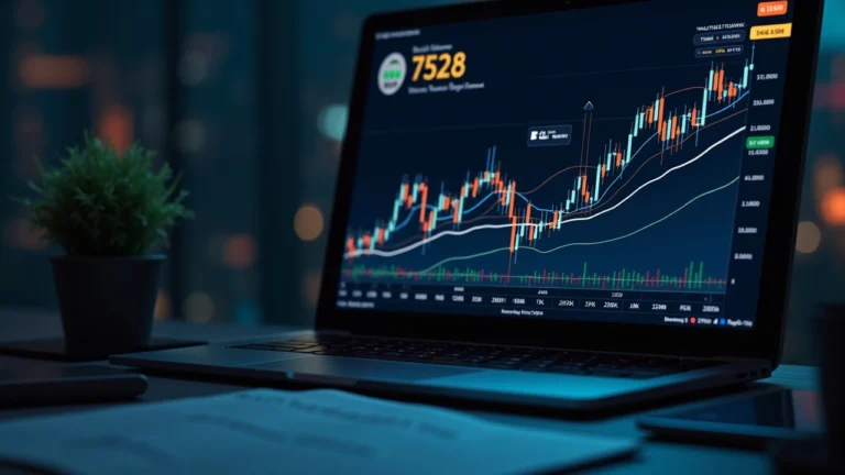 Editorial newsroom scene with Bitcoin ETF dashboard near 75k, illustrating institutional inflows