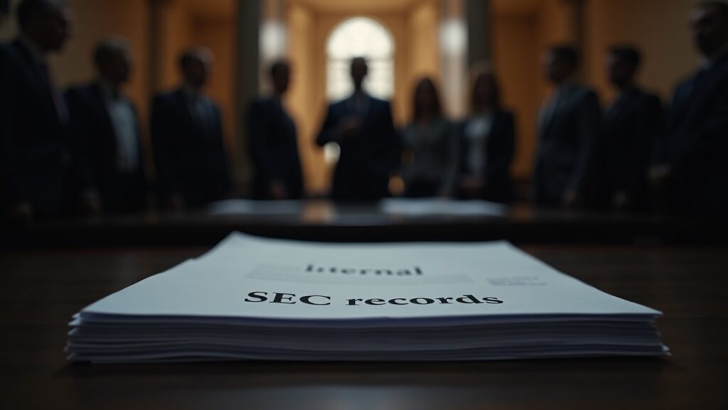Desk with documents labeled 'internal SEC records' and silhouettes of lawmakers in a somber newsroom setting.