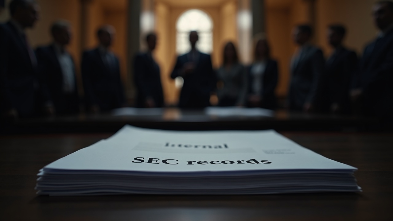 Desk with documents labeled 'internal SEC records' and silhouettes of lawmakers in a somber newsroom setting.