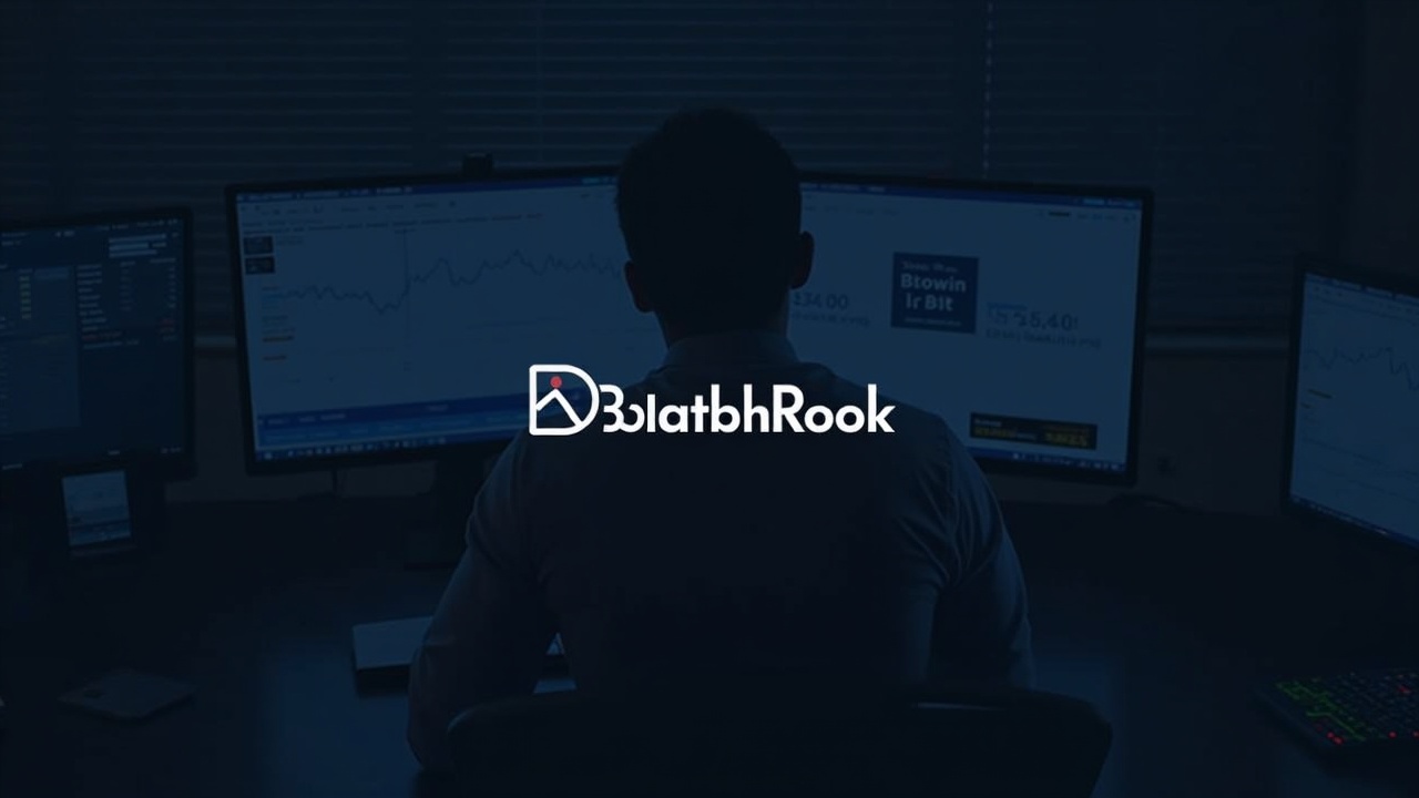 Financial analyst monitors Bitcoin price on multiple screens, with BlackRock IBIT logo, illustrating ETF inflows.
