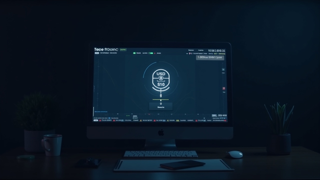 Editorial trading desk with a central screen showing a USD1 coin, BNB Chain logo, and a simple central limit order book.