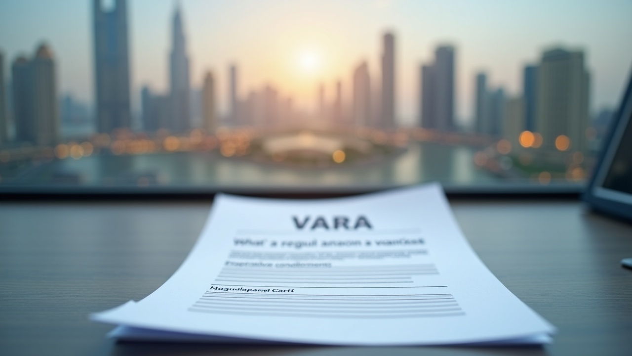 VARA market alert on a desk; blurred Dubai skyline in background signaling action against unlicensed KuCoin operations.