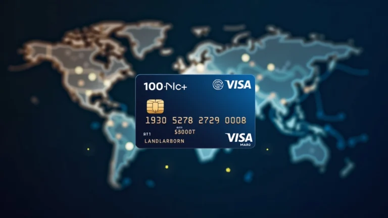 Visa card in foreground with a globe and crypto icons, signaling stablecoin-linked expansion to 100+ countries.