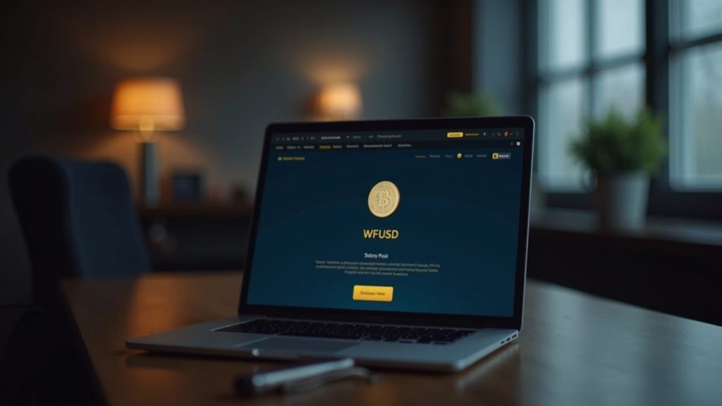 Wells Fargo desk with monitor displaying WFUSD token in a clean newsroom setting