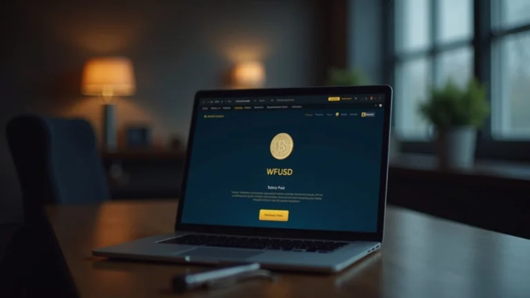 Wells Fargo desk with monitor displaying WFUSD token in a clean newsroom setting