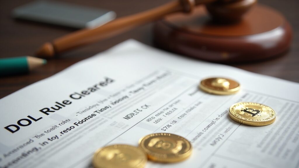Editorial desk with a DOL rule document and Bitcoin and Ethereum logos, signaling crypto access in 401(k) plans