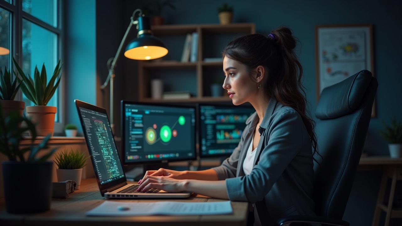Portrait of a woman creator at a desk, laptop displaying NFT art and blockchain icons, illustrating Web3 royalties.