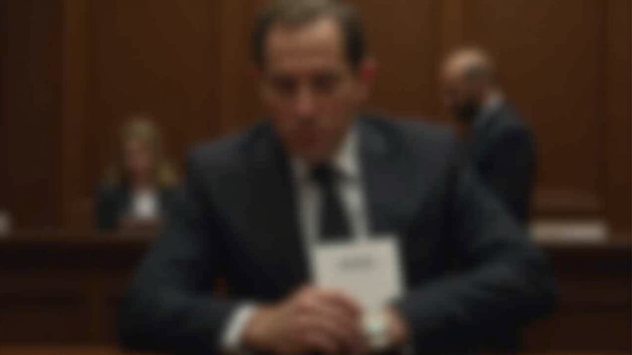 Editorial portrait of a suited man in a courtroom with settlement papers and crypto symbols.