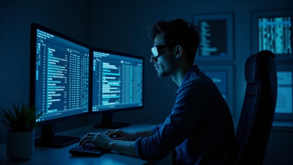 Editorial portrait of a crypto researcher at a workstation, screens display masked balances and visible addresses.