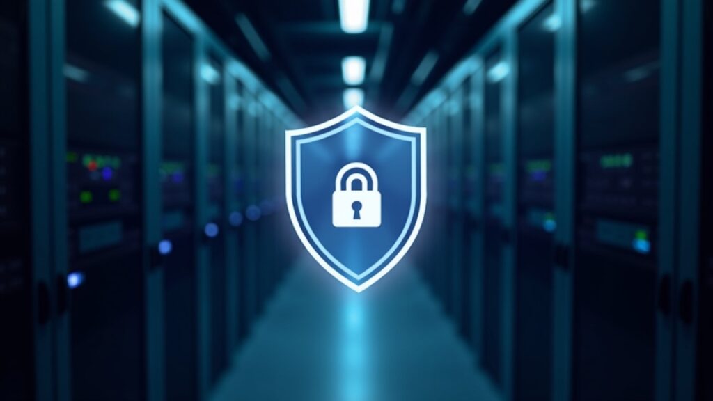 Editorial photo of a data center with a shield overlay signaling post-quantum security for Arc L1 and USDC.