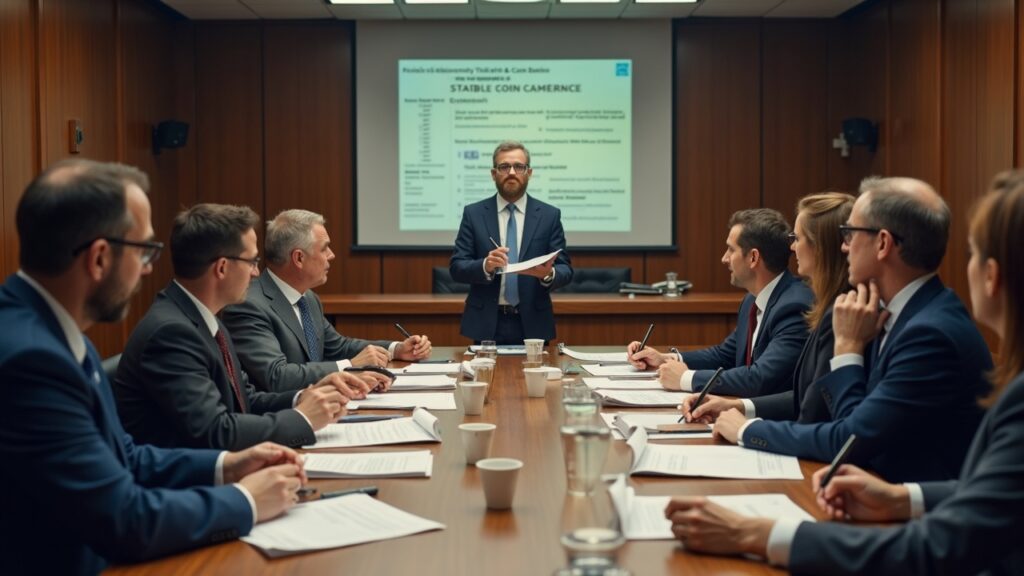 Bank boardroom scene with papers on stablecoin yields as a banker presents to colleagues, highlighting a policy clash over deposits.