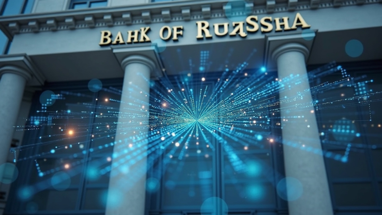 Editorial photo of the Bank of Russia facade with a blockchain overlay and legal documents illustrating crypto regulation.