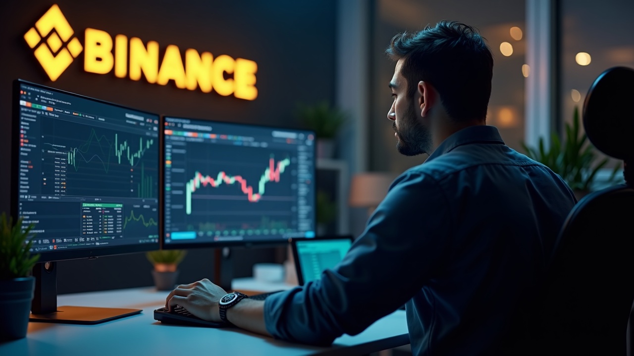 Editorial shot of a crypto trader at a desk with two monitors showing PRER price corridor indicators and Binance branding.
