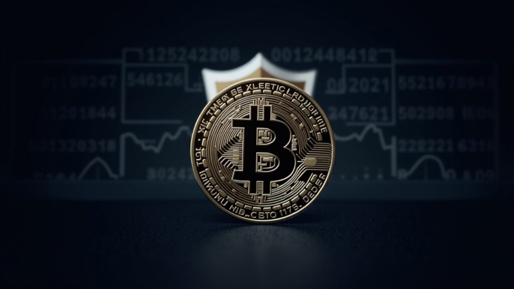 Bitcoin coin with a subtle quantum shield in the background, signaling migration to quantum-safe wallets