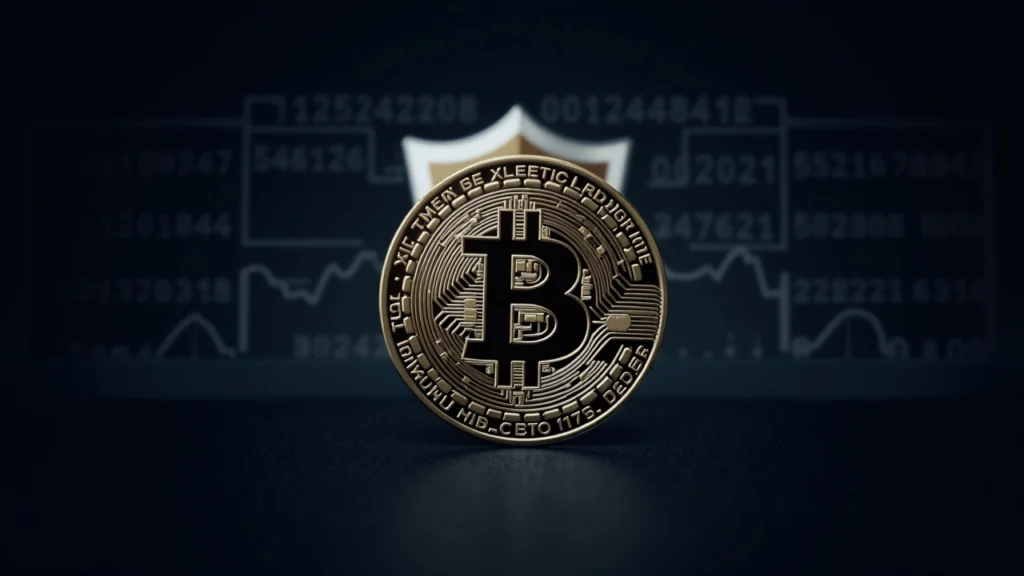 Bitcoin coin with a subtle quantum shield in the background, signaling migration to quantum-safe wallets