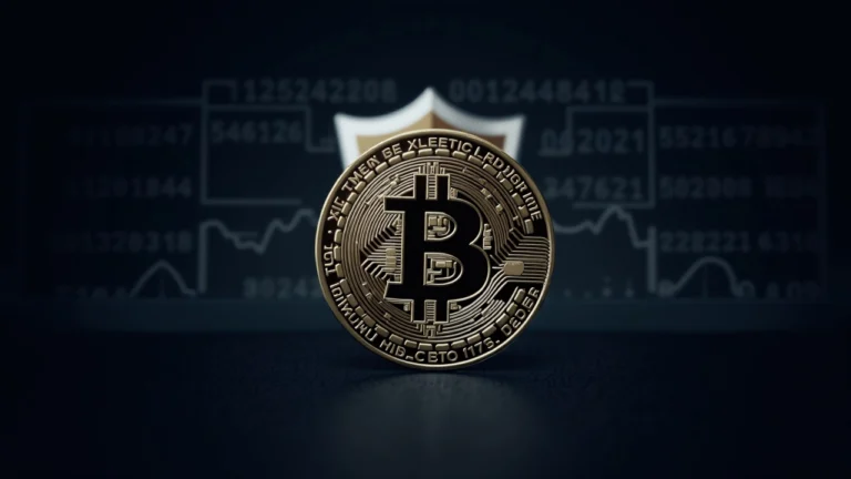 Bitcoin coin with a subtle quantum shield in the background, signaling migration to quantum-safe wallets