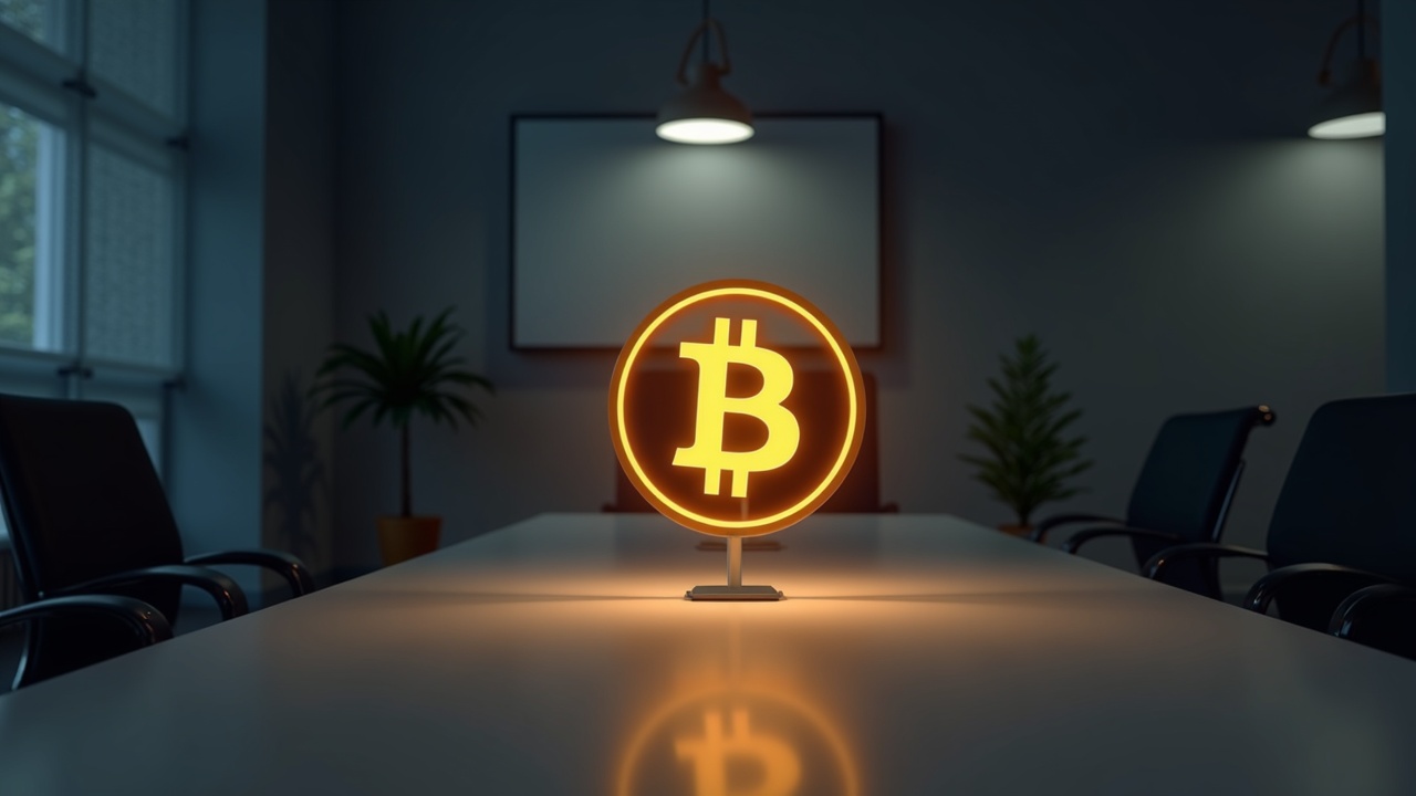 Bitcoin logo centered on a clean desk in a newsroom with muted lighting, signaling a mature, stable crypto market