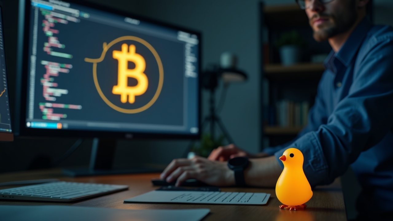 Editorial portrait of an analyst at a desk with Bitcoin on a monitor and a yellow canary symbolizing the canary fund