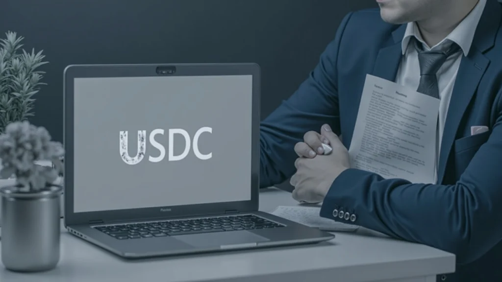 Editorial portrait of a professional at a desk, with a laptop displaying the USDC logo and a legal document.