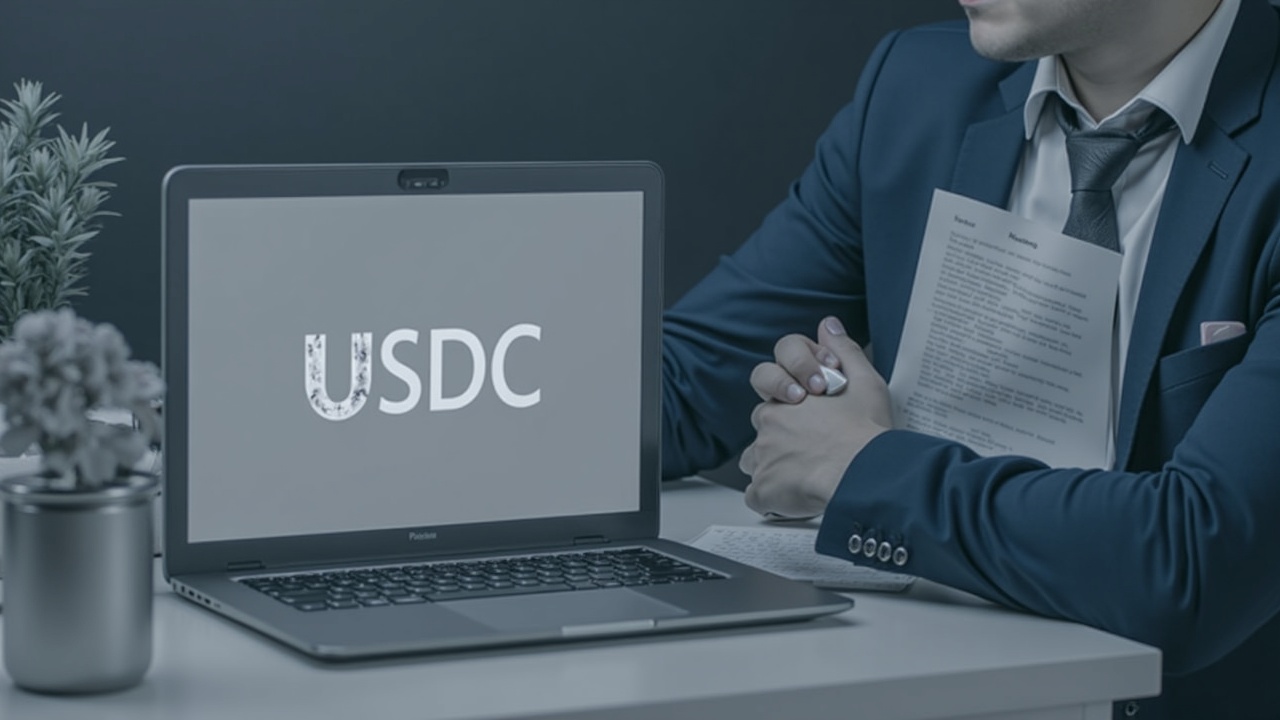 Editorial portrait of a professional at a desk, with a laptop displaying the USDC logo and a legal document.