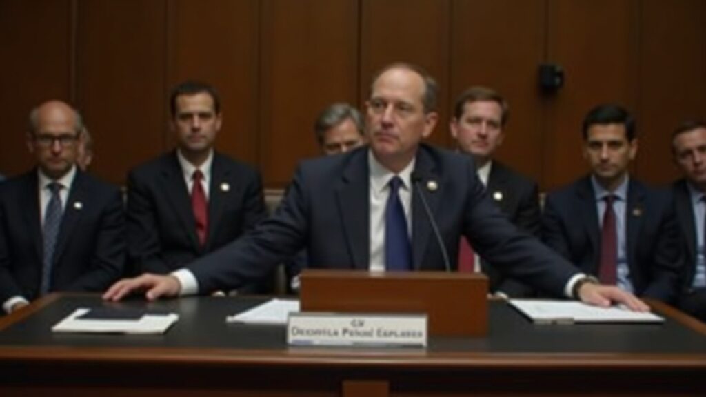 Editorial shot of a congressional hearing: CFTC chair at the podium, lawmakers beside, documents on the desk.
