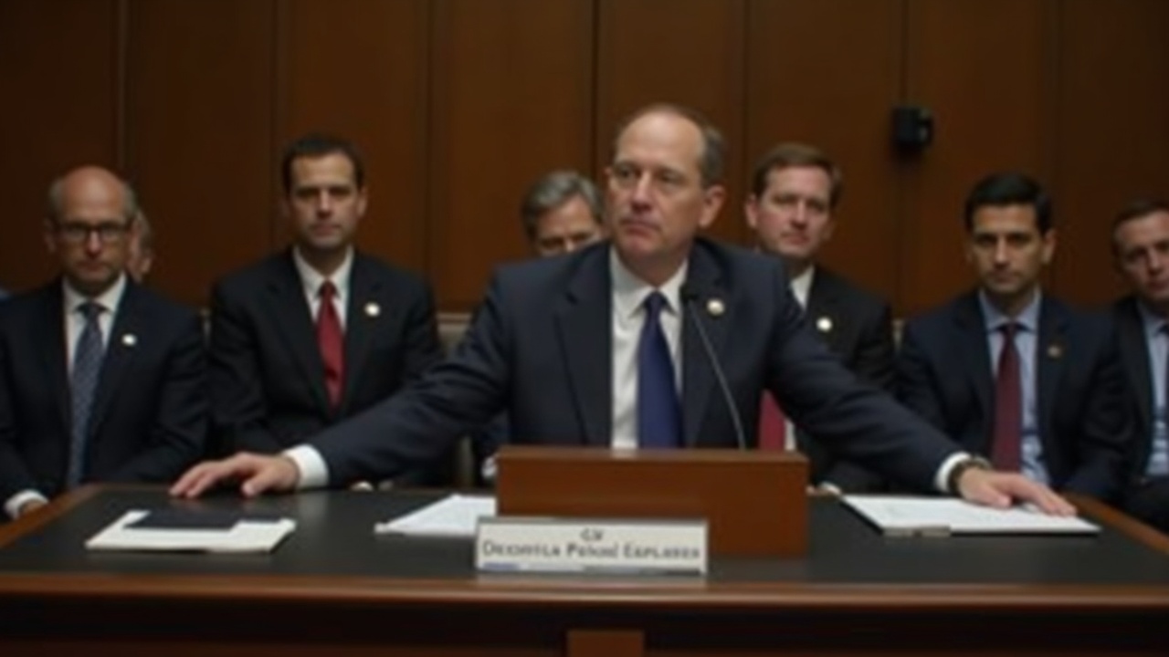Editorial shot of a congressional hearing: CFTC chair at the podium, lawmakers beside, documents on the desk.